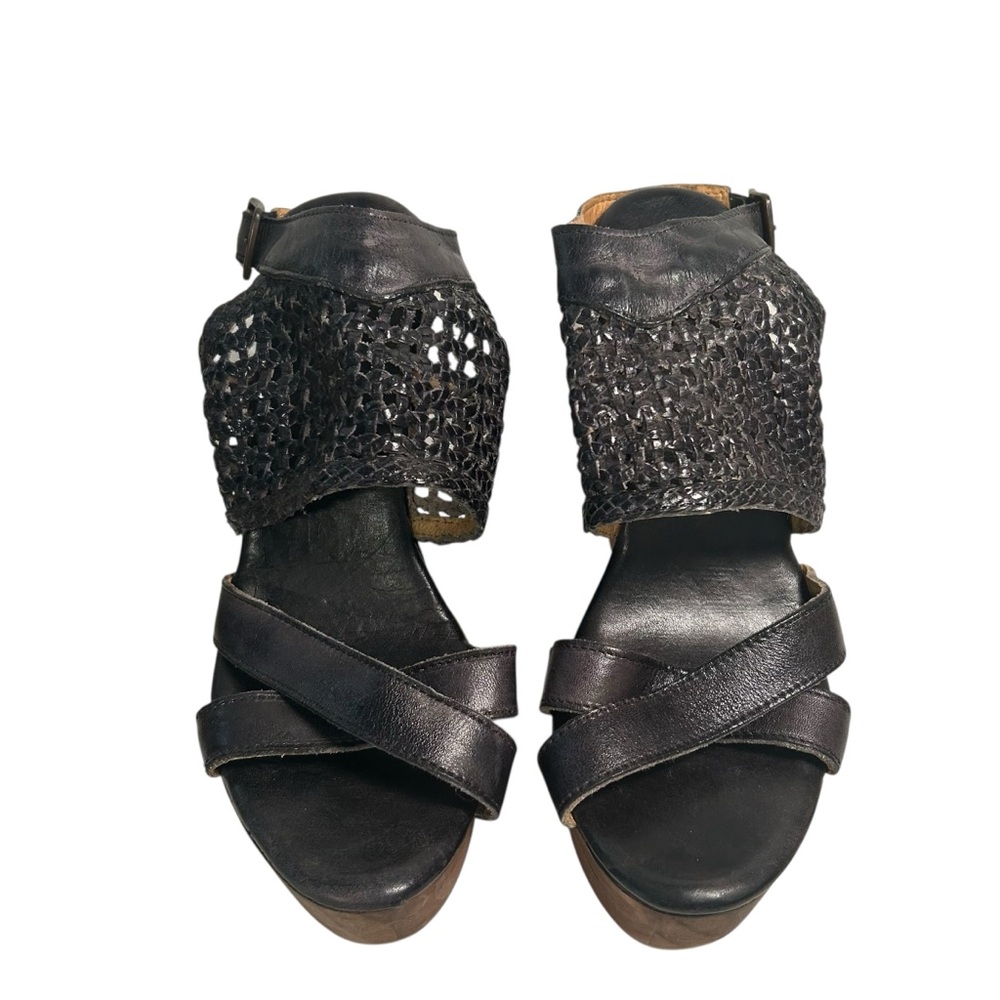 Bed Stu Petra Black Weaved Leather Distressed Wedge Sandal Size 7 Boho Chunky - Picture 3 of 12